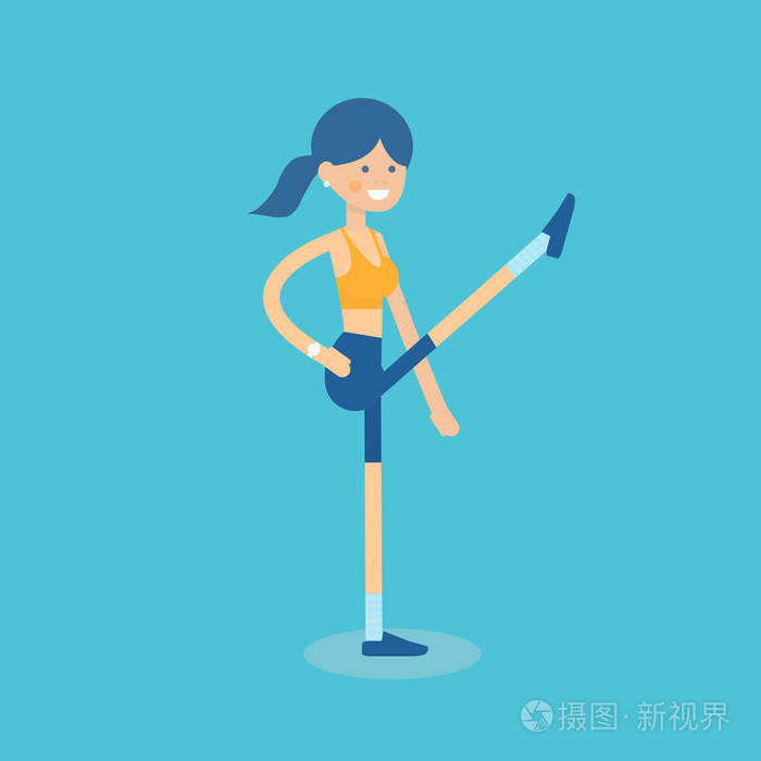 可爱的微笑的女孩在运动衫做腿摆动锻炼.