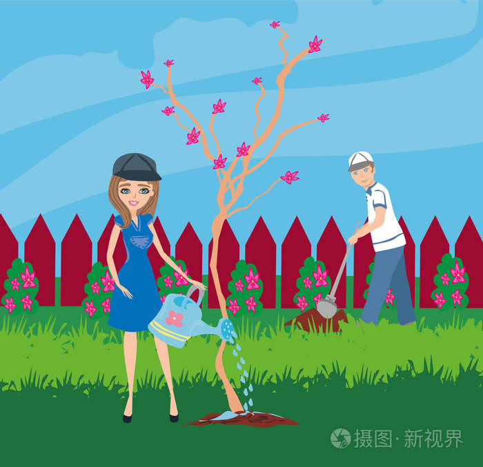 小情侣园丁在花园里植树