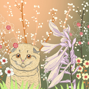 一只小猫在花园和盛开的花朵矢量插画照片