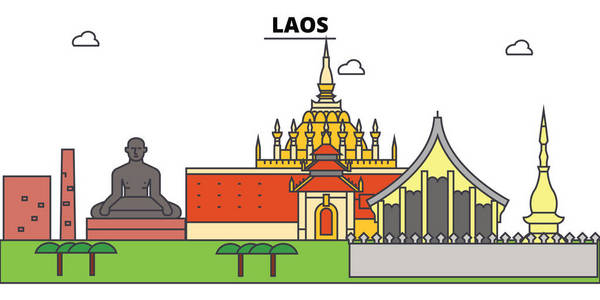 老挝轮廓城市天际线, 线形插图, 横幅, 旅游地标, 建筑物剪影, 矢量