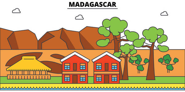 马达加斯加轮廓城市天际线, 线形插图, 横幅, 旅游地标, 建筑物剪影, 矢量