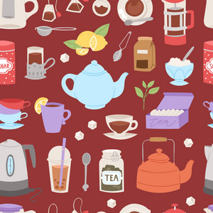 饮茶时间的过程图标如何准备热饮说明书传统茶壶锅烹饪矢量插图无缝模式背景