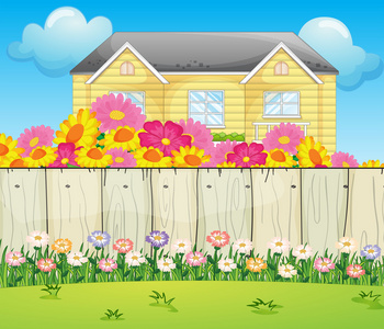 与七彩花朵包围一栋房子