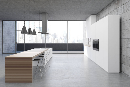 具体厨房室内,白色橱柜侧带复印空间侧的现代浴室公寓侧面视图特写