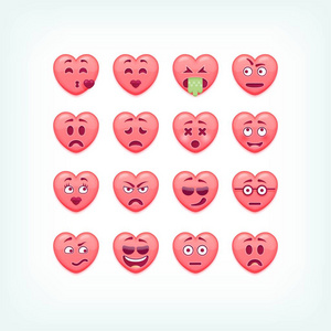 一组心形图释。矢量浪漫和情人表情, emojies
