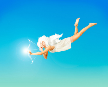 蓝色情人节天使飞翔在蓝色的情人节卡 vith照片