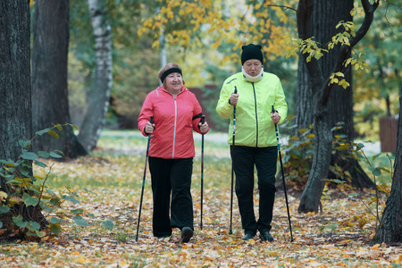 两个河豚夹克身着老年妇女参与斯堪的纳维亚漫步在公园的越野