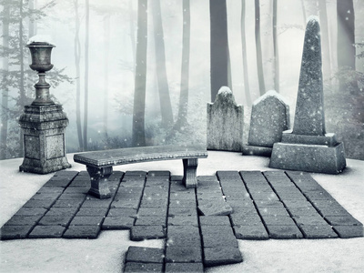 冬季白雪冬季景观与哥特式墓地在一个白雪皑皑的森林照片