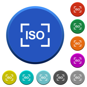 相机 iso 速度设置圆形彩色斜面按钮, 表面光滑, 白色扁平图标