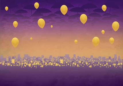 卡通天际线背景在日落与云彩, 雨伞和黄色气球