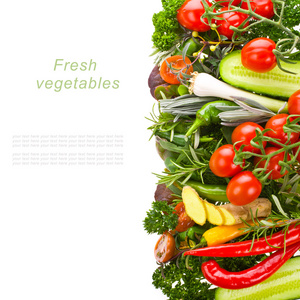 新鲜的蔬菜和草药隔离带有示例文本在白色背景上