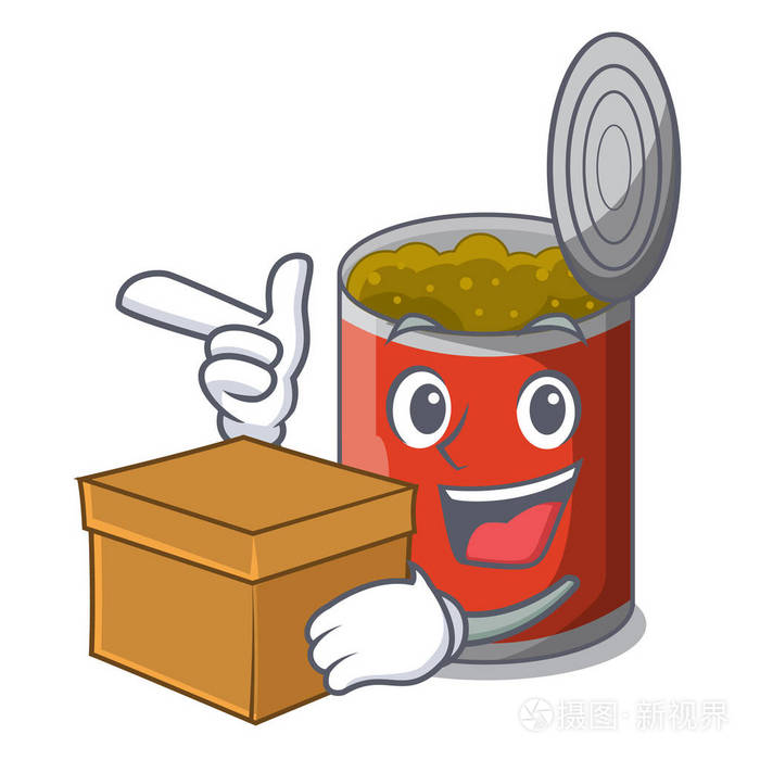 与盒金属食品罐在卡通矢量插图