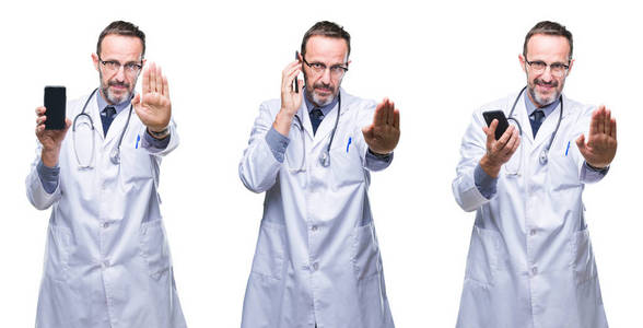 拼贴画英俊的年长的医生人使用智能手机在孤立的背景与开放的手做停止标志与严肃和自信的表达, 防御手势
