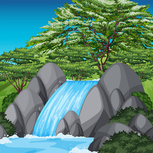 绿树与蓝天的瀑布景象
