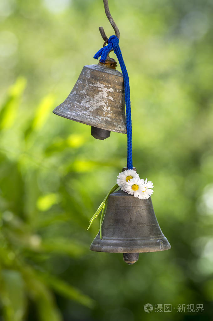 两个小金属东方铃铛挂在花园里夏日阳光明媚装饰着白色开花草坪雏菊花