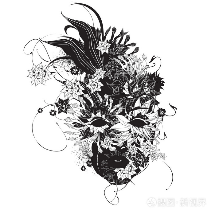 用鲜花黑白色抽象女人脸插画-正版商用图片06e3kn-摄图新视界