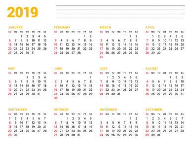 日历模板2019年。文具设计。星期从星期日开始。在页面上12月。矢量插图