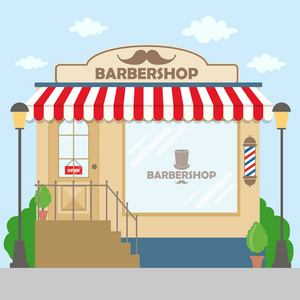 街道建筑立面理发店。设计横幅或小册子的前店。向量例证