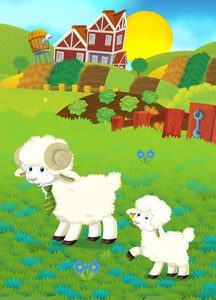 与羊家庭农场上的卡通插图图片