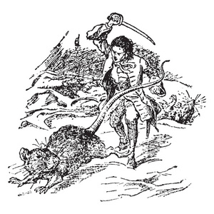 格列佛大鼠, 这个场景显示一个小男人举起他的剑对巨型老鼠保卫自己, 复古线条画或雕刻插图