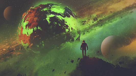 scifi 的概念一个宇航员站在巨大的岩石上看着酸性星球, 数字艺术风格, 插画绘画