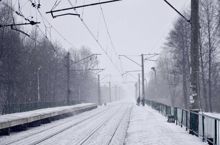 在郊区或乡下的火车站的照片。铁路在茂密的树木之间奔跑。大雪覆盖的雪平台