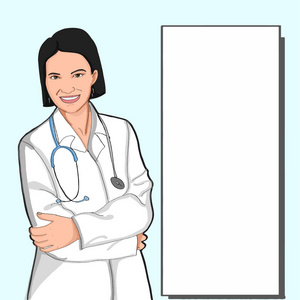 站立的女性医生和白色蓝色圈子背景和文本