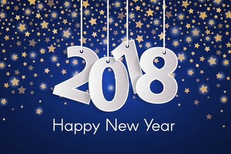 秋天的矢量卡蓝色快乐新年2018贺卡概念与纸 cuted 白色数字在金黄星
