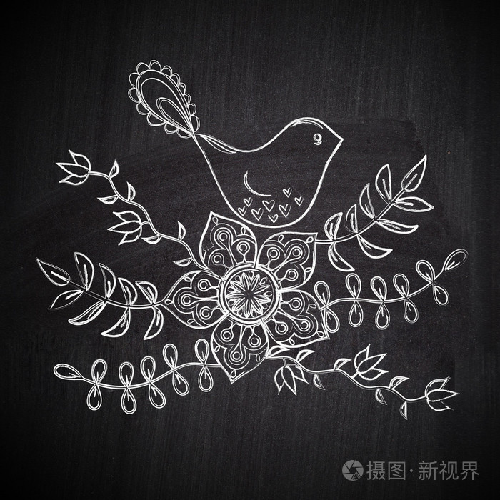 粉笔与黑板黑板上可爱鸟绘图贺卡