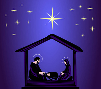 圣诞基督教耶稣降生场景在马槽里, 在剪影和伯利恒矢量 eps 10照片