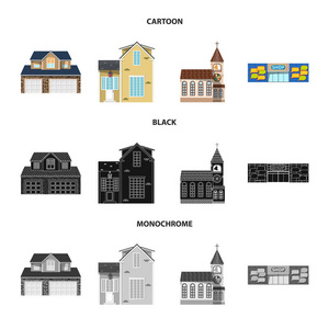建筑物和前标志的孤立对象。网站的建筑和屋顶股票符号集