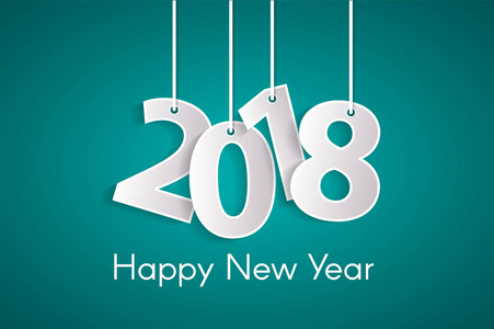 绿松石快乐新年2018概念与纸 cuted 白色数字在绳索。矢量插图