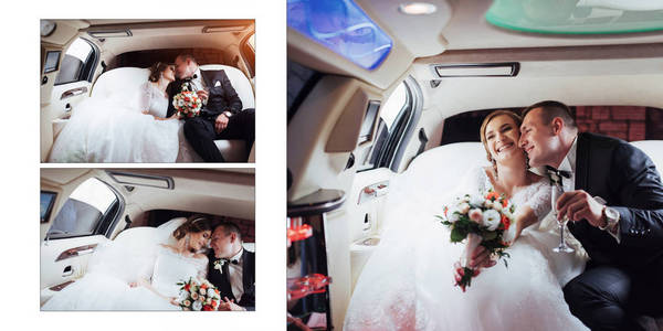 美丽的年轻夫妇愉快地微笑着在你的婚礼当天, 坐在车里。经典白色皮革婚礼相册