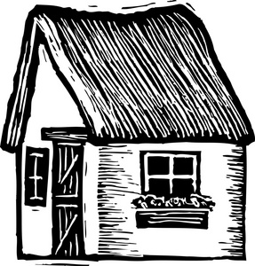 英语的茅草屋顶小屋的木刻插图