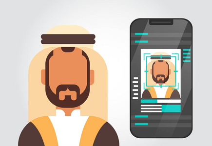 智能手机安全系统扫描穆斯林男子用户生物特征识别概念人脸识别技术