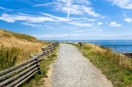 砾石海岸的道路与一个空的木凳面对海洋在一个晴朗的夏日。维多利亚, 不列颠哥伦比亚省, 加拿大