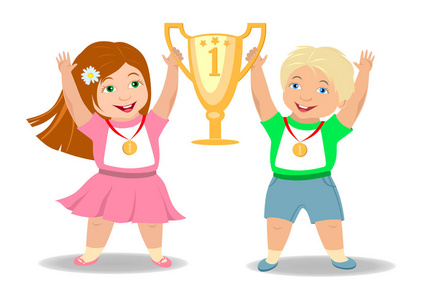 获胜者的孩子们一起欢呼,举起金杯庆祝一下照片