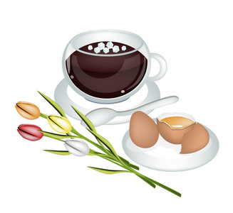 热咖啡与新鲜的鸡蛋和鲜花