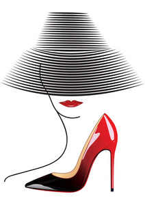 一个女人的脸在现实的帽子红色嘴唇素描鞋黑色和红色的高跟鞋的艺术创意矢量分离设计的白色背景元素