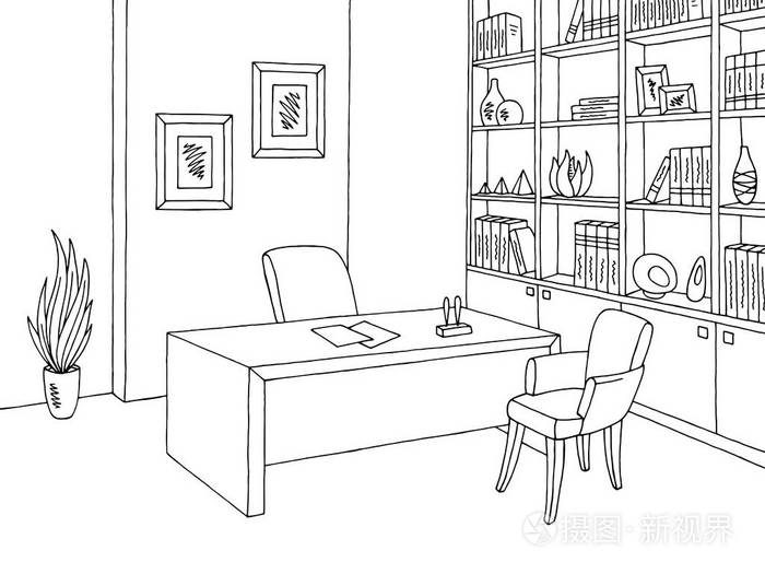 办公室空间图形黑色白色内饰素描图矢量插画-正版商用图片06fpp2-摄图