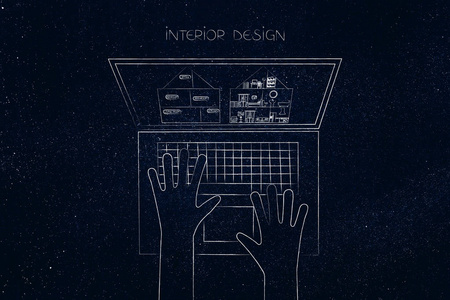 室内设计的笔记本电脑用户与住宅项目在屏幕上
