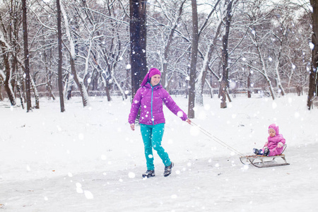 在冬天的树林里骑着雪橇