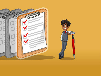 商人在背心卡通人物设计靠在纸上完成的清单, 对黄色背景笔照片