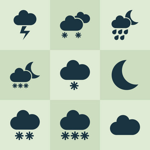 气候图标设置与雪花, 降雪, 闪电和其他夜间元素。孤立矢量插图气候图标