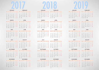 2017 2018 2019 的日历在白色背景