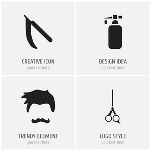 一套4可编辑的理发店图标。包括诸如茬, 刀片, 乳液等符号。可用于 Web移动Ui 和信息设计