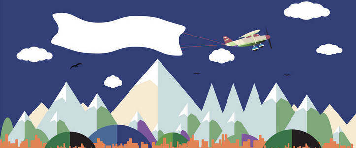 在自然景观上空悬挂白色旗帜的飞机插画