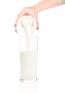 从瓶白色鲜奶倒入一杯