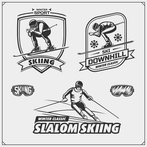 一套冬季运动标志标签和设计元素。滑雪, 下坡, 回转