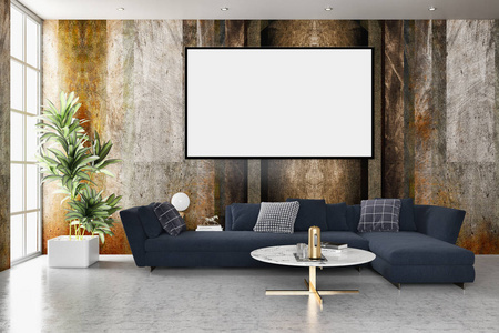 现代明亮内饰与模拟海报框架插图3d 渲染计算机生成的图像